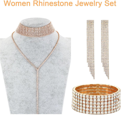 Hicarer 3 Pieces Women Rhinestone Jewelry Set Rhinestone Tassel Choker Necklace Fringe Bracelet Crystal Dangling Earring for Wedding Bridal Party...