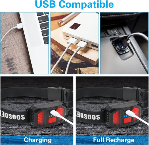 COSOOS LED Headlamp Rechargeable Flashlight, Bright Head Lamp Outdoor, 500Lumen Floodlight, Red Rear Light, Lightweight Headband Headlights for Ki...