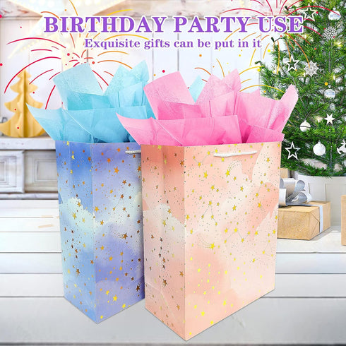 BLESZSING Gift Bag Birthday Large Gift Bags Set Included 2 Pack Paper Gift Bags with Tissue Paper Colorful Pink Blue Gift Bags 125 Large Size Blue...
