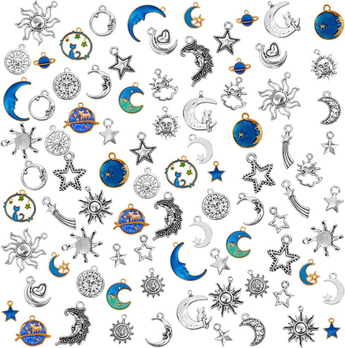 WILLBOND 108 Pieces Jewelry Charms, Mixed Antique Silver Sun Stars Moon Charms Pendants, Assorted Gold Plated Enamel Cat Moon Star Celestial Charm...