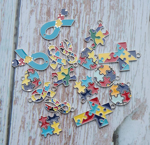 sowaka 16 Pcs Autism Awareness Charms with Hole Enamel Puzzle Heart Cross Circle Ribbon Shape Pendants for Jewelry Making Kits Necklace Bracelet E...