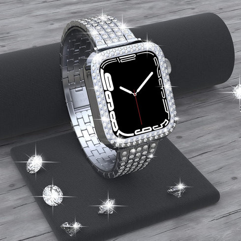 QVLANG Compatible with Apple Watch Band Series 9 8 7 45mm, Bling Series Band for Women + Diamond Rhinestone Case, Stainless Steel Metal Bracelet S...