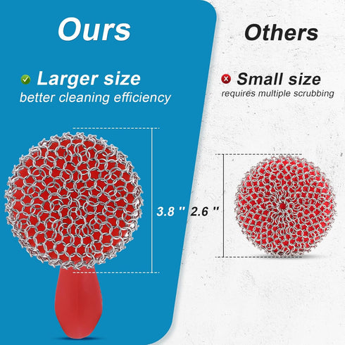 SUBEKYU Cast Iron Scrubber with Silicone Handle, Stainless Steel Cast Iron Skillet Cleaner Chainmail Scrubber for Cast Iron Pans, Red...