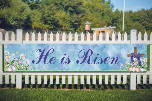 He is Risen Fence Banner Easter Christian Cross Lily Eggs Religious Party Photo Booth Backdrop Yard Outdoor Decoration...