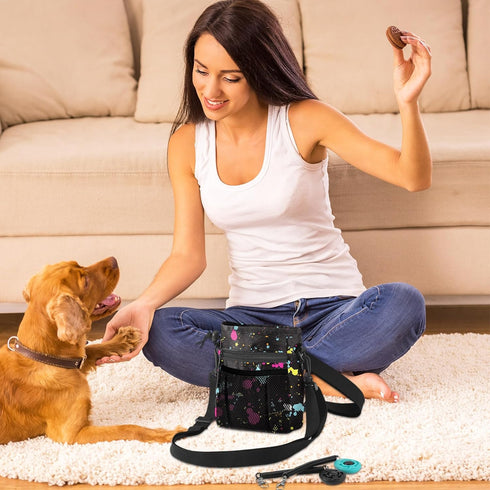 Dog Clicker Training Kit, 1 Dog Treat Training Pouch and 2 Pieces Pet Training Clicker with Wrist Strap, Built in Poop Bag Dispenser Easily Carryi...