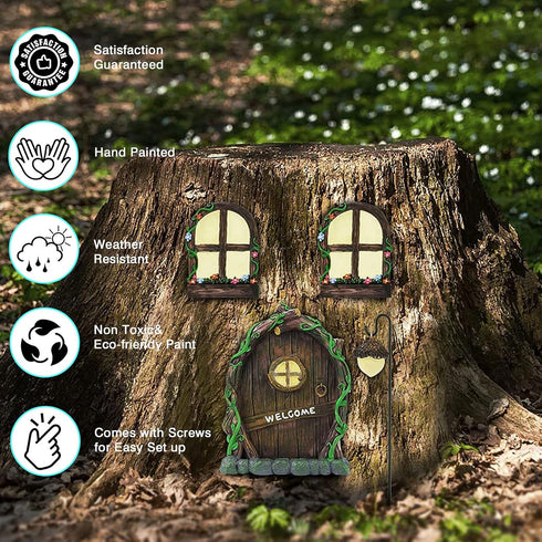 Resin Fairy Door & Window Set with Glow in The Dark Windows, Miniature Sculpture for Trees, Outdoor Decor Accessories...