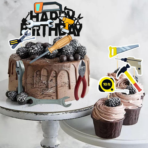 18PCS Tools Cake Topper Tools Cake Decorations Toolbox Wrench Hammer Mechanic Drill Plier Handsaw Tape Measure Screwdrivers Themed Happy Birthday ...