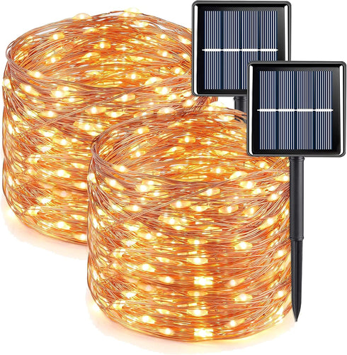 QITONG Warm White Solar Fairy Lights Outside Waterproof, 2 Pack Each 66ft 200 LED Solar String Lights Outdoor, 8 Modes Silver Wire Solar Twinkle L...