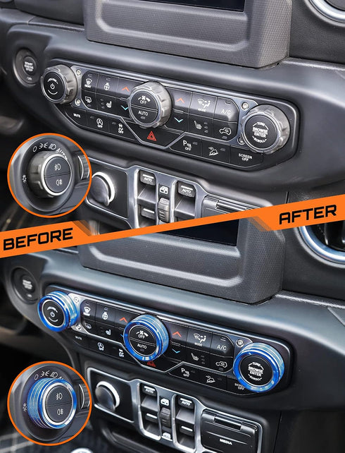 Savadicar HVAC Climate Control Panel Knob Trim Kit & Light Control Switch Cover, Air Conditioner Knob Aluminum Alloy Ring for 2018-2024 Jeep Wrang...