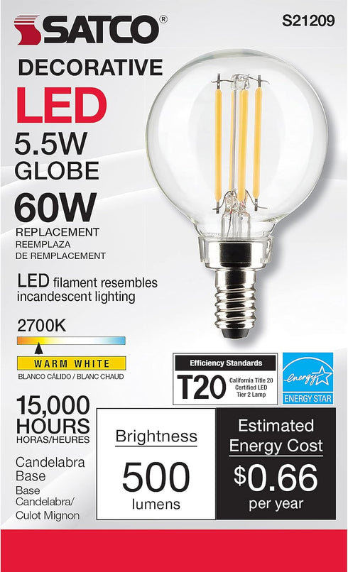 Satco 20524-5.5G16.5/LED/CL/927/120V/E12 S21209 Globe Style Antique Filament LED Light Bulb...