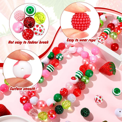100 Pcs 20 mm Strawberry Beads Acrylic Bubblegum Beads for Jewelry Making DIY Set Including Iron Beads Alloy Clasp End Chains Wire...