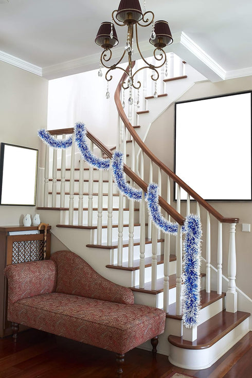 Christmas Tree Royal Blue Frost Tip Tinsel Garland Blue Silver Metallic Streamers Celebrate a Holiday Hanukkah Party Ceiling Hanging Decorations I...
