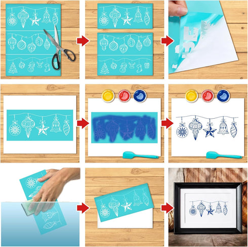 2 PCS Christmas Self-Adhesive Silk Screen Printing Stencils 8.5x11 Inch Reusable Mesh Transfers Stencils Christmas Gift Ball Light Belt Snowman Ch...
