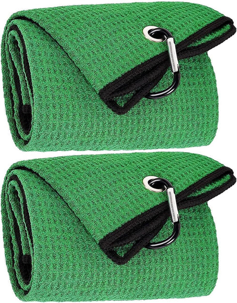 2 Pack Tri-fold Golf Towel Set, Microfiber Fabric Waffle Pattern Towels, Outdoor Sport Towels Heavy Duty Carabiner Clip (2 Pcs) (Greenx2)...
