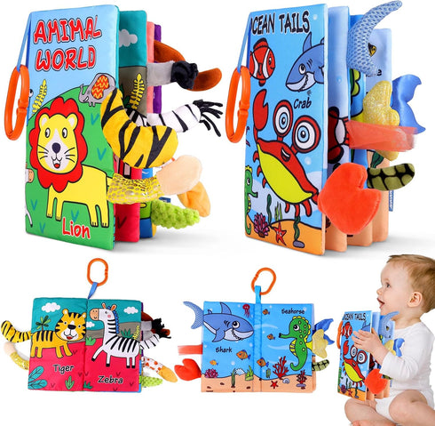 VGOFUN 2PCS Soft Baby Books 0-6 Months Crinkle Books for Babies, Touch and Feel Sensory Cloth Books for Infants 0 3 6 12 18 Months Tummy Time Toys...