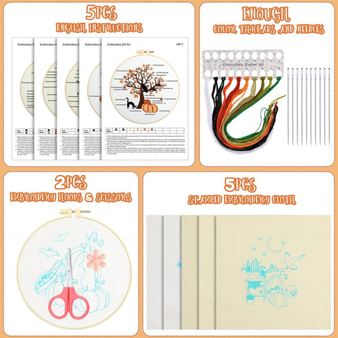 Yuxung 5 Sets Embroidery Kit for Beginners Adult Fall Thanksgiving Embroidery with Pumpkin Maple Leaf Pattern DIY Starter Needlepoint Kit with Emb...