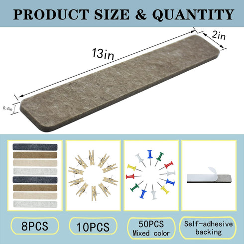 8Pcs Bulletin Board Strips,Black Brown Gray Felt Pin Board Bar Strips with 50 Pushpins, Self-Adhesive Felt Cork Board Strips for Wall to Display Y...