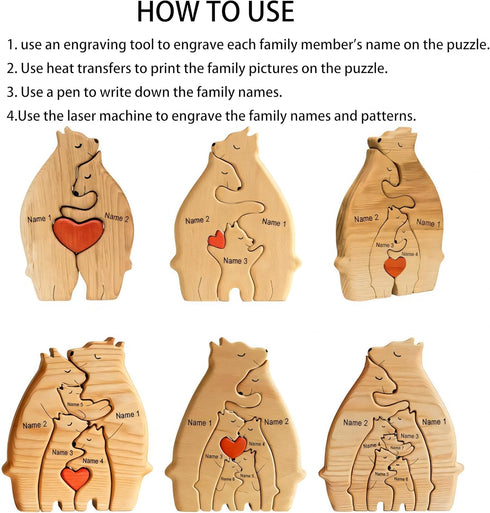 Personalized Bear Family Wooden Art Puzzle, Wooden Bear Jigsaw Puzzle with Heart Loving Family Bear Sculpture Decorative House Warming Wood Birthd...