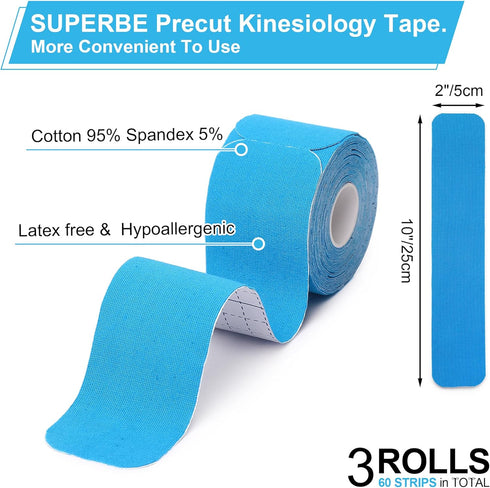 Precut Kinesiology Tape (3 Rolls pack), Elastic Sports Tape for Pain Relief, Muscle Support, Recovery and Physio Therapy, Breathable, Waterproof (...