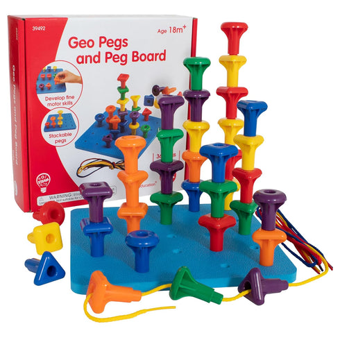 edxeducation Geo Pegs and Peg Board Set - 36 Pegs in 3 Shapes and 6 Colors + 3 Laces - Ages 18m+ - Homeschool Supplies for Preschool Activities...