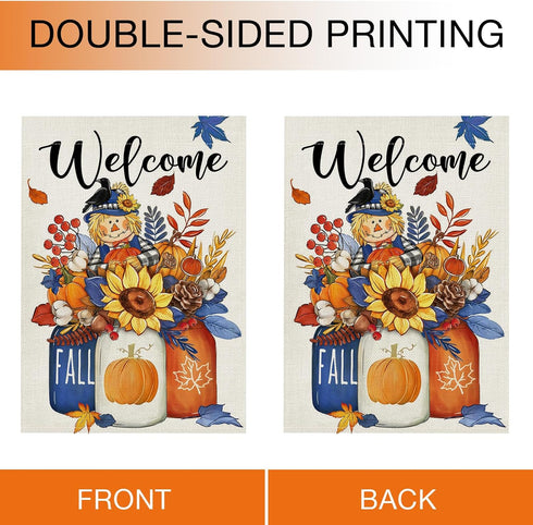 Welcome Fall Scarecrow Pumpkin Sunflower Garden Flag Double Sided, Autumn Harvest Mason Jar Decorative Yard Outdoor Home Small Decor, Maple Leaves...