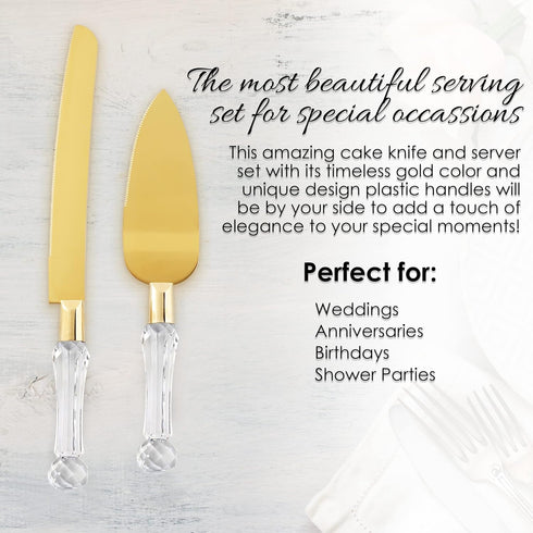 Wedding Cake Knife and Server Set Gold, Cake Cutter and Pie Spatula, Cake Server and Knife Set of 2 with Crystal Handles, 1.2mm Thick Blades, Cutt...