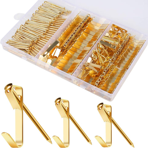 184 Pieces Picture Hanging Kit, 20lb, 30lb, and 50lb Picture Hangers, Metal Picture Hanging Hooks with Nails, on Drywall, Wooden Wall(Gold)...