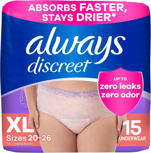 Always Discreet Adult Incontinence Underwear for Women and Postpartum Underwear, Extra Large, Up to 100% Bladder Leak Protection, 15 Count...