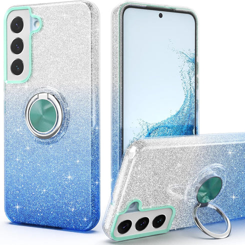 Galaxy S22 Case, Slim Fit Glitter Sparkly Case with 360°Ring Holder Kickstand Magnetic Car Mount Shock-Absorbent Protective Durable Cover for Gala...