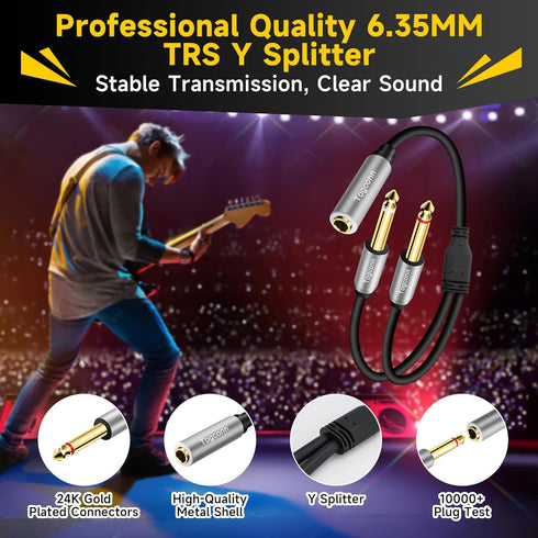 2-Pack 1/4 inch TRS Stereo Splitter Y Cable 1 Feet, 6.35mm TRS Stereo Female Plug to Dual 6.35mm Male TS Mono Jack Audio Speaker Adapter?Short 6.3...