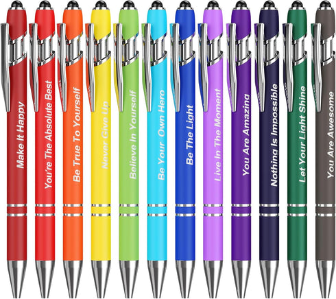 12 Pcs Inspirational Pens Bulk, Motivational Pens Ballpoint with Stylus Tips, 0.5mm Smooth Writing Pens Fine Point of Black Ink, 12 Colors with Gi...