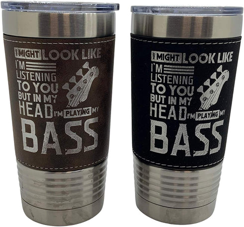 I am Playing Bass Guitar in My Mind Leather Wrapped Vacuum Insulated Tumbler 20 Oz Stainless-Steel Vacuum Mug (Black)...