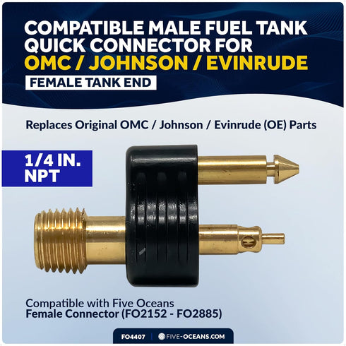 Five Oceans 1/4" NPT Male Fuel Tank Connector for OMC/Johnson/Evinrude Female Fitting Tank End Connector, 2-Prong, Brass, Compatible with Most Por...