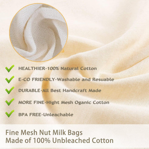 Nut Milk Bag Cloth Strainer for Food, 3 Pack 12" (2 of 12"X12" + 1 of 10") Organic Reusable Kitchen Premium Fine Mesh Cheesecloth, Sprouting, Juic...