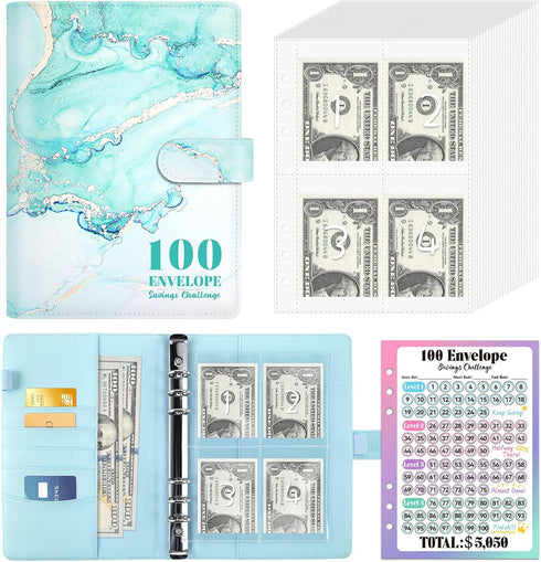 Sooez Savings Kit - 100 Envelopes Money Challenge with Reusable Tracker, A5 Leather Binder, Fun Way to Save $5,050, Green Marble...