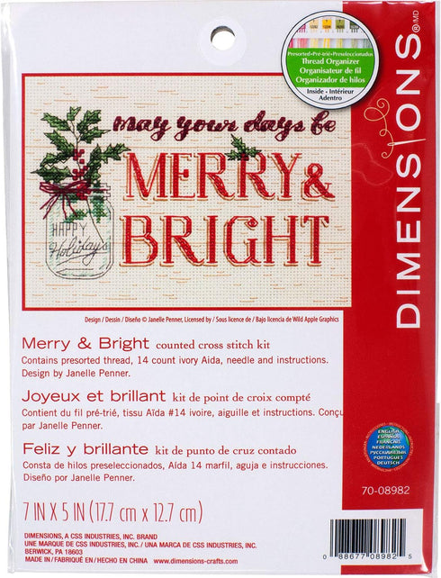 Dimensions 70-08982 Kit, Merry and Bright Mason Jar Christmas Cross Stitch, Ivory 14 Count Aida, 7'' x 5'', multi-colored...
