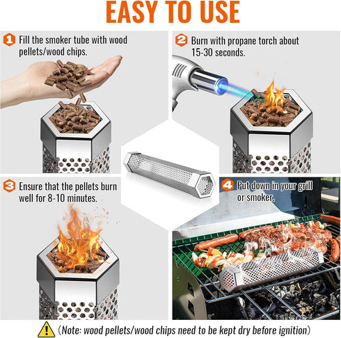 Hexagon Pellet Smoker Tube,12 inch Stainless Steel BBQ Wood Pellet Tube Smoker for Cold Smoker,5 Hours of Billowing Smoke-for Any Grill or Smoker,...