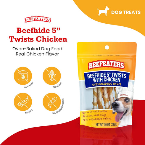 Beefeaters Dog Treats - Beefhide 5in Twist with Chicken 10oz | Dog Food High Protein, Low Fat, Enriched with Vitamins & Minerals | Promotes Clean ...