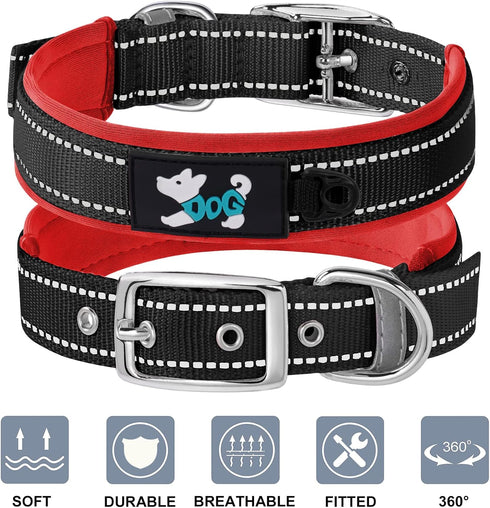 AUAUY Nylon Dog Collar, Pet Dog Reflective Collar, Ultra Soft Neoprene Padded, Adjustable Reflective Stitching Pet Collar with Durable Metal Buckl...