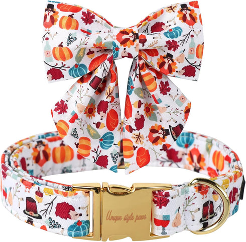 Unique Style Paws Cotton Dog Collar with Bow Halloween Pumpkin Plaid Dog Collar with Bow Tie for Small Medium Large Dogs Pets Gifts...