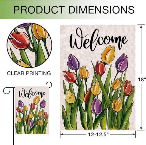 Welcome Spring Floral Flowers Garden Flag Double Sided, Tulip Decorative Yard Outdoor Home Small Decor, Summer Farmhouse Burlap Outside House Deco...