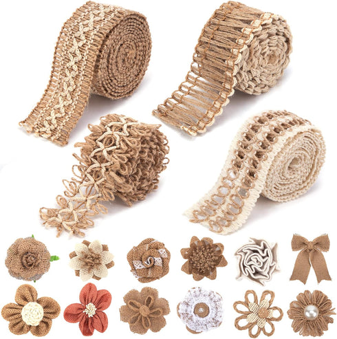 VGOODALL 16 PCS Natural Burlap Flowers Set, Including 12 PCS Handmade Lace Burlap Flowers and Bowknots, 4 Rolls Burlap Ribbon for Christmas Birthd...