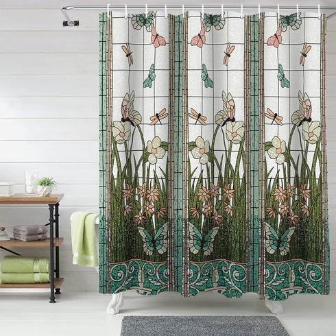 Flower Dragonfly Waterproof Bathroom Fabric Shower Curtain Bath Curtain Extra Long Shower Curtain 84 inch...