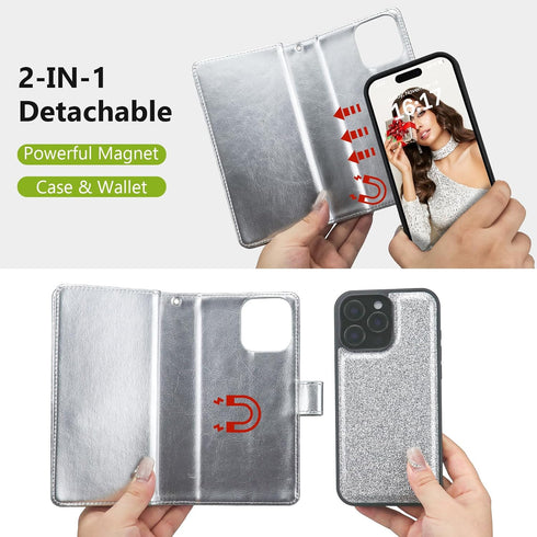 Varikke for iPhone 13 Pro Wallet Case Detachable with Card Holder for Women, Fashion Glitter PU Leather Strap Strong Magnetic Flip Wallet Removabl...
