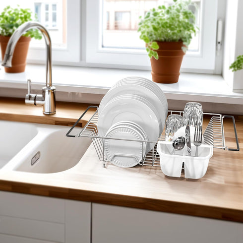 SIMPLE HOUSEWARE Large Over Sink Counter Top Stainless Steel Dish Drainer Drying Rack with Utensil Holder, Chrome...