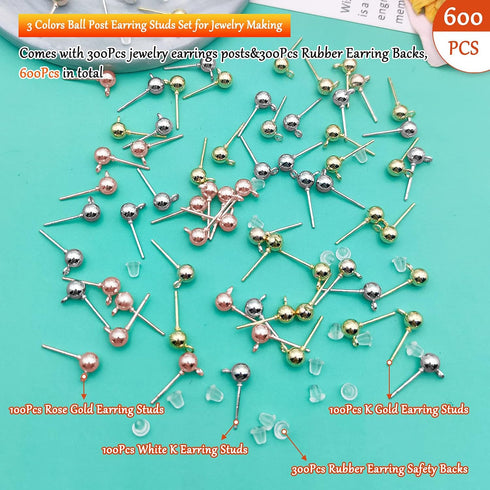 600Pcs Ball Post Earring Studs Set for Jewelry Making,300Pcs Earring Studs Ball Ear Pin Ball Post Earrings with Loop with 300Pcs Rubber Earring Ba...