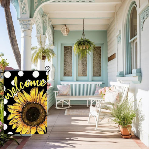 Daisy Sunflower Welcome Sunshine Garden Flag 12x18 Inch Double Sided, Summer Seasonal Holiday Burlap Yard Outdoor Decoration Black (Sunflower)...
