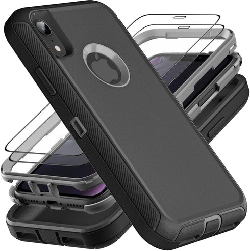 for iPhone XR Case, Military Grade 3 in 1 Heavy Duty Shockproof/Drop Proof/Dust Proof Case with 2Pcs Tempered Glass Screen Protector (Black/Grey)....