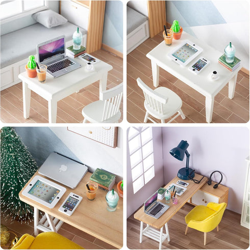 12Pcs Dollhouse Miniature Laptop Computer Tablet Phone Lamp Book Glasses Coffee Headset Simulation Accessories 1/12 1/6 Toy Pad Play Set Fits Barb...