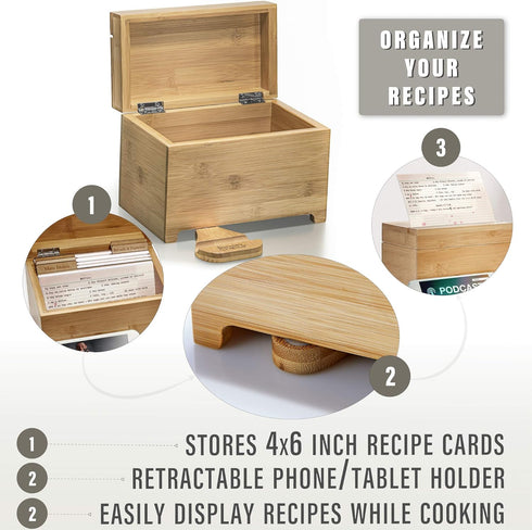 Prosumer's Choice Bamboo Recipe Card Organizer with Fold Out Tablet and Smartphone Stand | Display Recipes While Cooking | No Assembly Required...